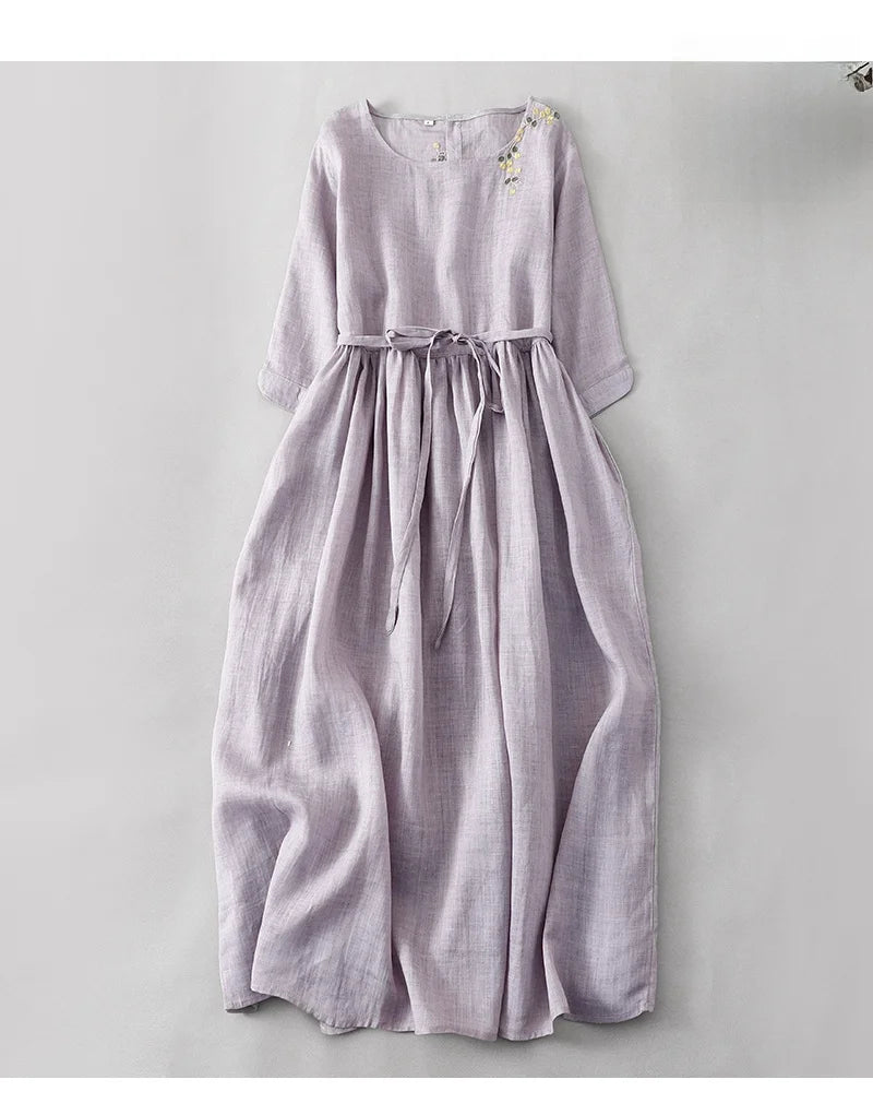 Elegant Embroidered Cotton Linen Long Dress – Women's Loose Waist Slimming Age-Defying Skirt, Spring, Summer & Autumn Fashion