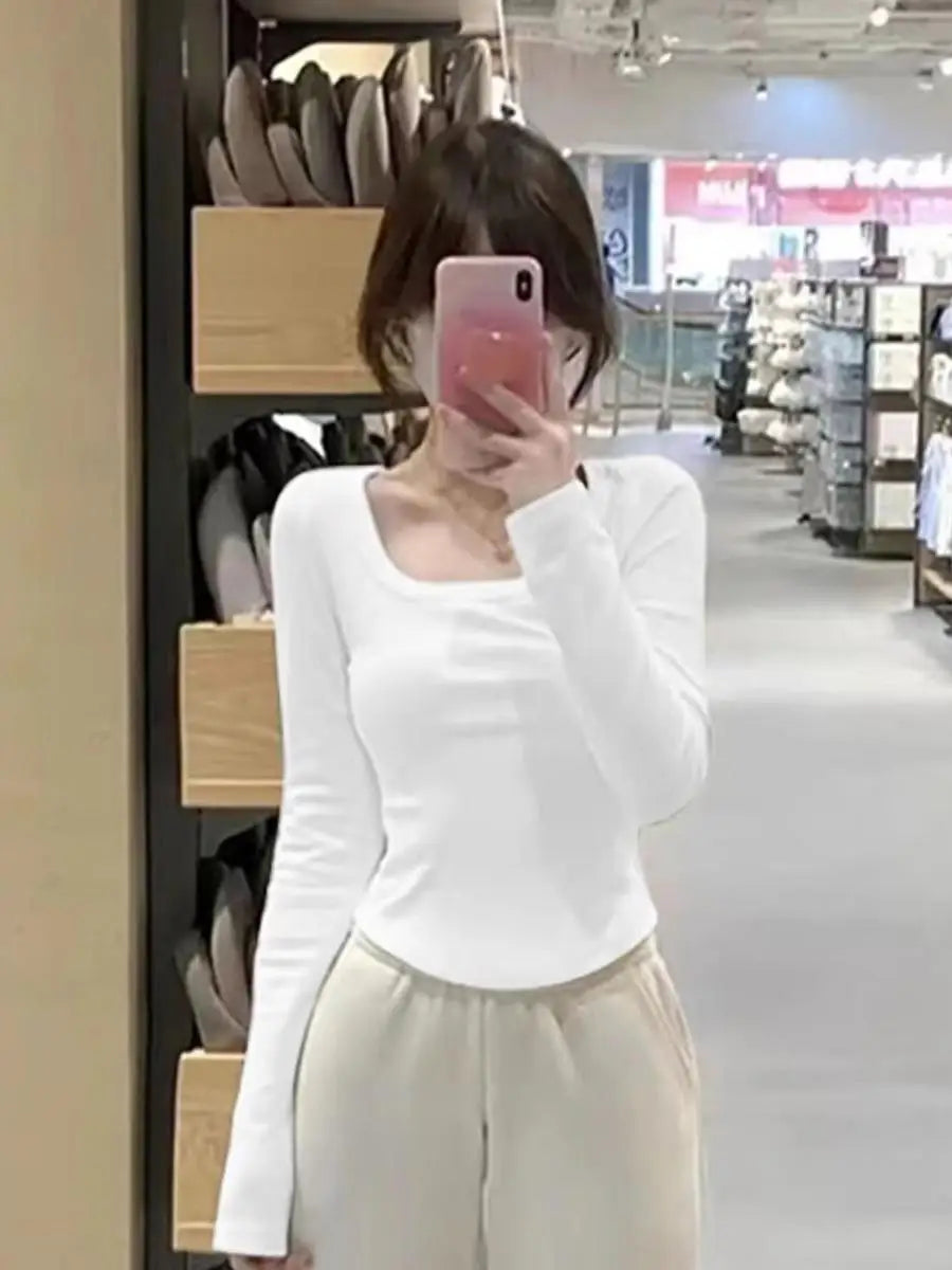 Women's Fleece-Lined Long Sleeve T-Shirt ❄️ Sweet Slim Fit U-Neck Top 👚 Autumn Winter Warm Fashion