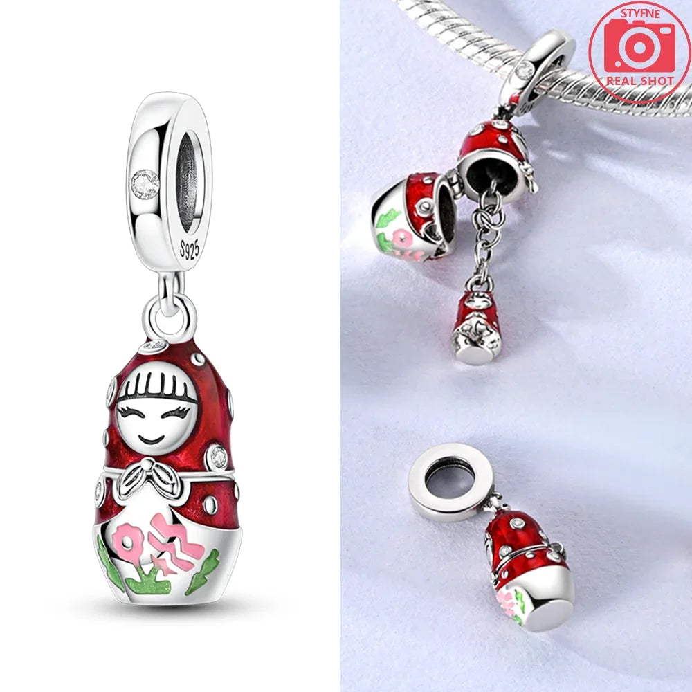 925 Sterling Silver Red Cherry Girl Polka Dot Matryoshka Charms | Bow Beads Fit Original Bracelet DIY Jewelry Gift for Women
