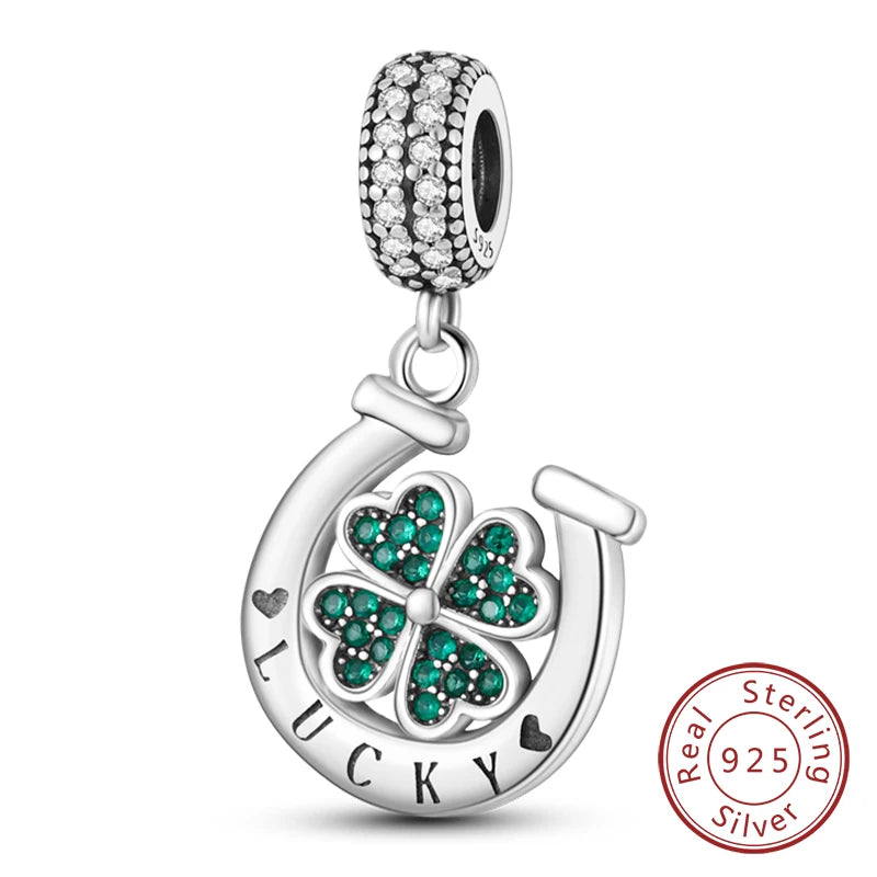 New 925 Sterling Silver Four-Leaf Clover Green Charm Bead | Lucky Pendant for Original Bracelet Jewelry Gift