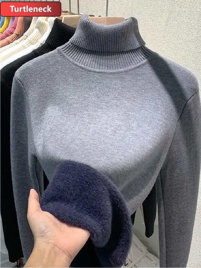 Women Winter Thicken Turtleneck Sweater – Slim Knit Plush Velvet Lined Warm Pullover Jumper