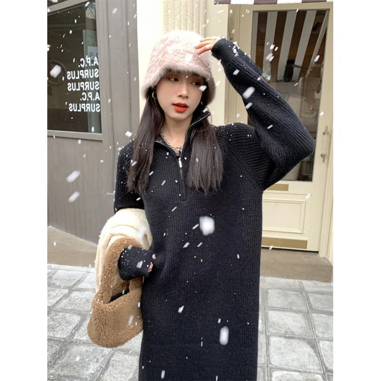 Autumn Winter Knitted Zipper Collar Dress for Women – Long Sleeve Loose Fit Pure Color H-Shape Casual Warm Dress