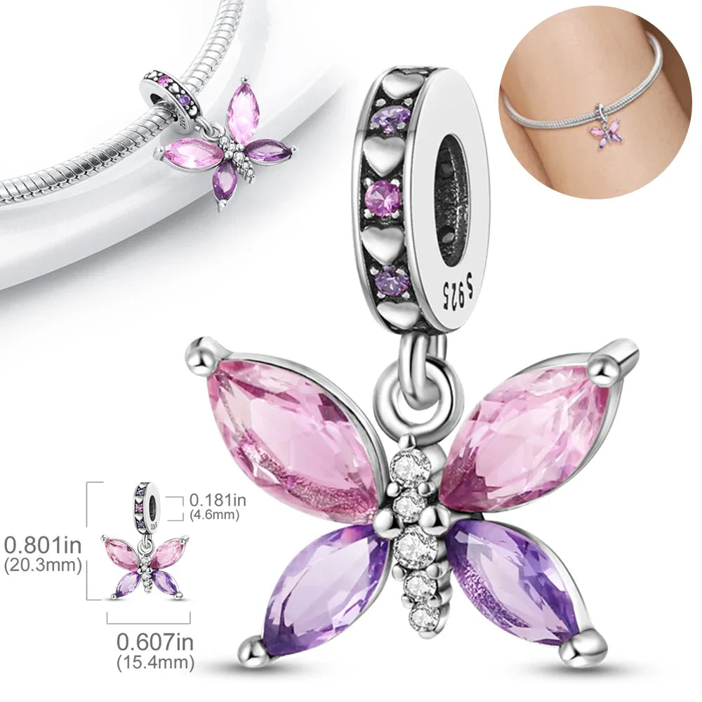 925 Sterling Silver Purple Flower & Butterfly Dangle Charm | Bead for 4MM Bracelet or Necklace DIY Jewelry Gift