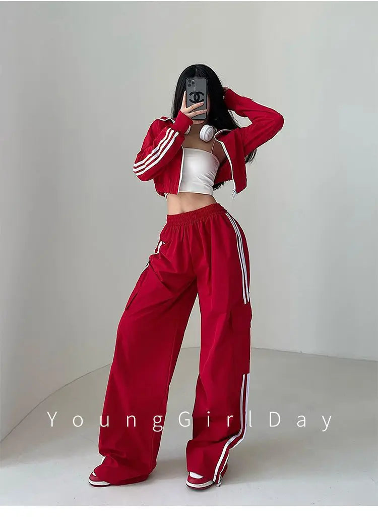 Women’s High Waist Wide Leg Pants | American Style Loose Straight Trousers with Elastic Waist & Cuffed Hem