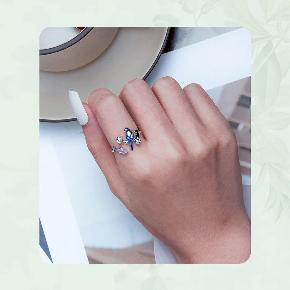 BISAER 925 Sterling Silver Floral Bird Open Ring | Adjustable White Gold Plated Flower Band for Women – Fine Party Jewelry