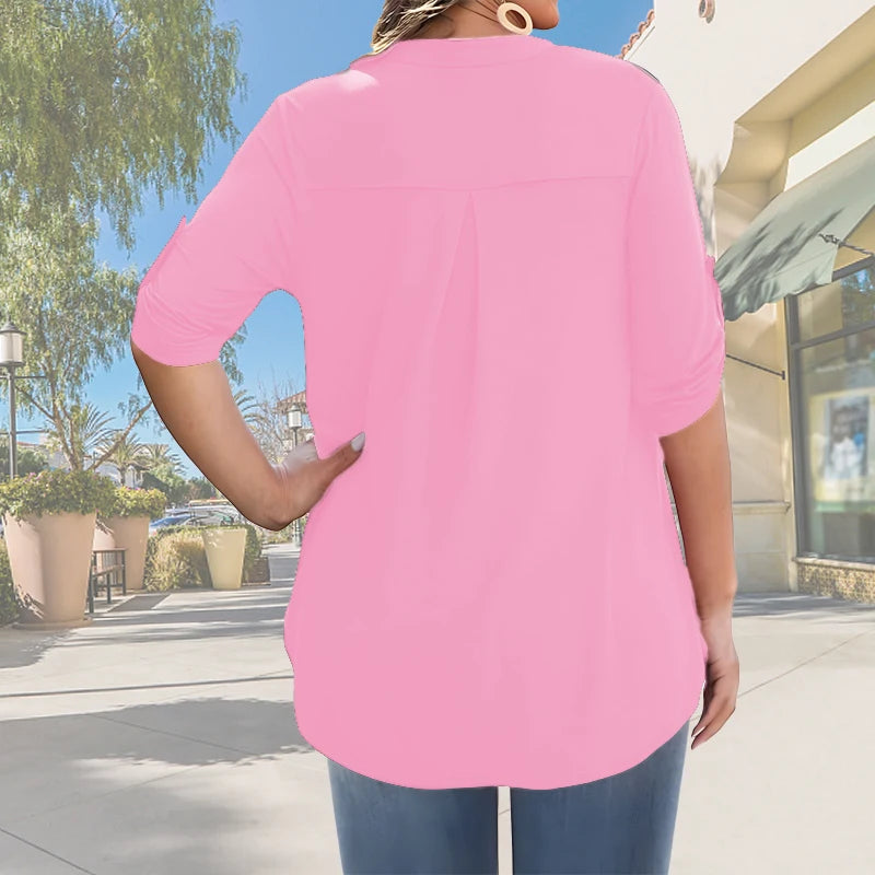 2025 Women’s Plus Size Summer Blouse – Casual V-Neck Button-Front Loose Fit Short Sleeve Top