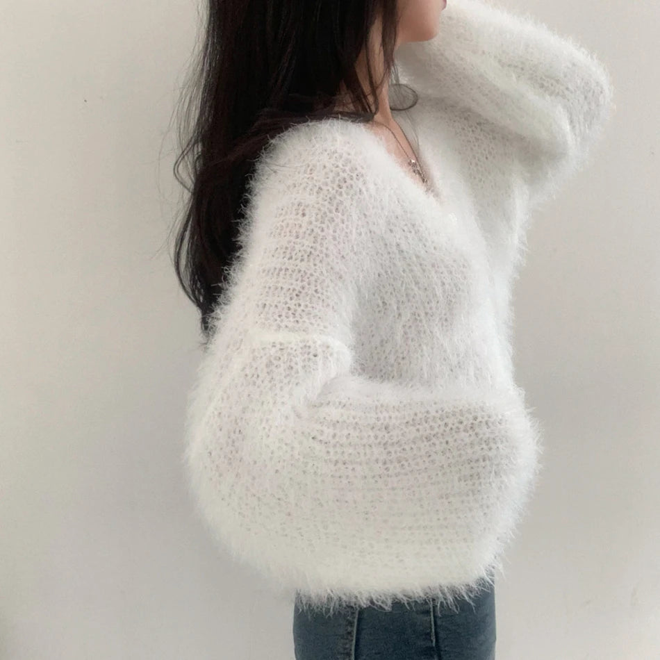 Chic V-Neck Knitted Sweater Coat for Women 🧥✨ Faux Fur Lazy Style Cardigan 💖 Autumn Winter Fashion Outerwear