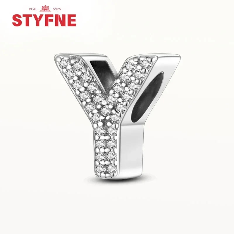 925 Sterling Silver Alphabet Letter Charm Beads with Shiny Zircon – A-Z Initial Beads for Pandora DIY Bracelet & Women’s Jewelry