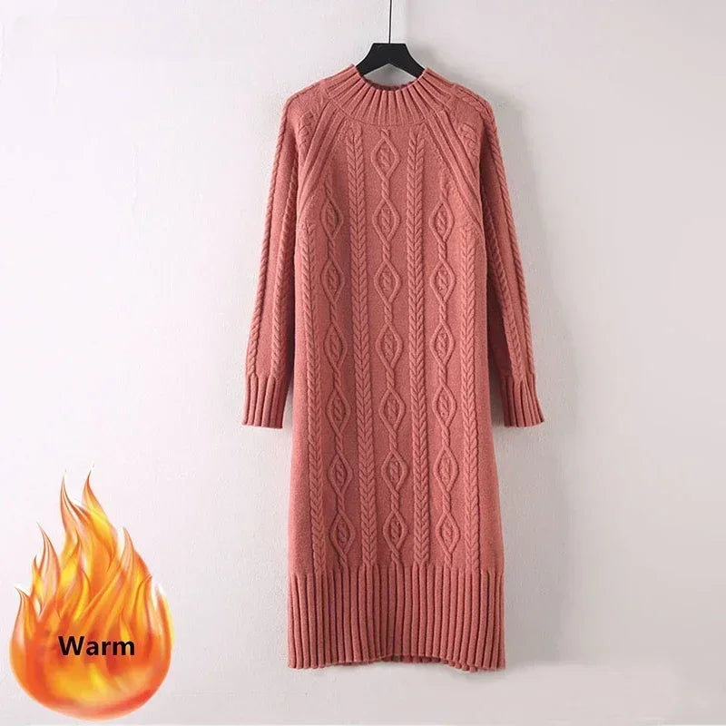 Winter Thicken Plus Velvet Sweater Dress for Women – Fall Mock Neck Rib Knit Midi Dress | Elegant Warm Vestido with Coats