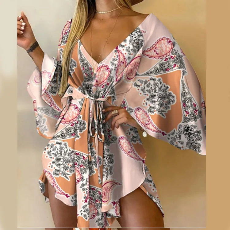 Women’s Floral Print V-Neck Bat Sleeve Dress – Sexy Bohemian Loose Mini Sundress