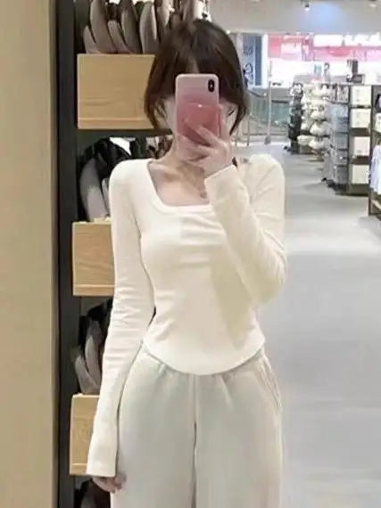 Women's Fleece-Lined Long Sleeve T-Shirt ❄️ Sweet Slim Fit U-Neck Top 👚 Autumn Winter Warm Fashion