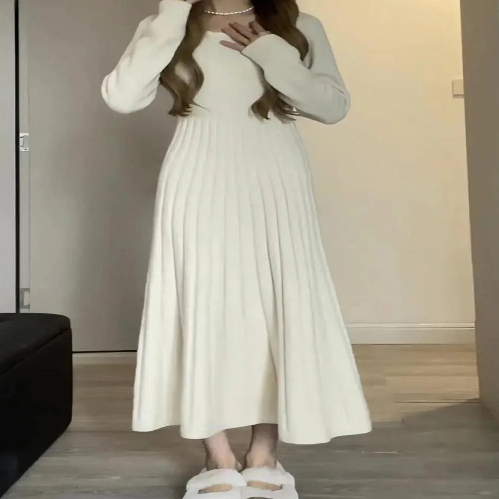 Women’s Long Knitted Sweater Dress – 2025 Autumn New Fashion A-Line Skirt, High Waist, Long Sleeve Casual Daily Wear