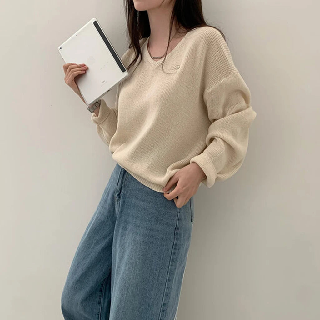 Loose Women’s Knitwear V-Neck Long Sleeve T-Shirt – Casual Comfortable Fashionable Autumn Top New Arrival