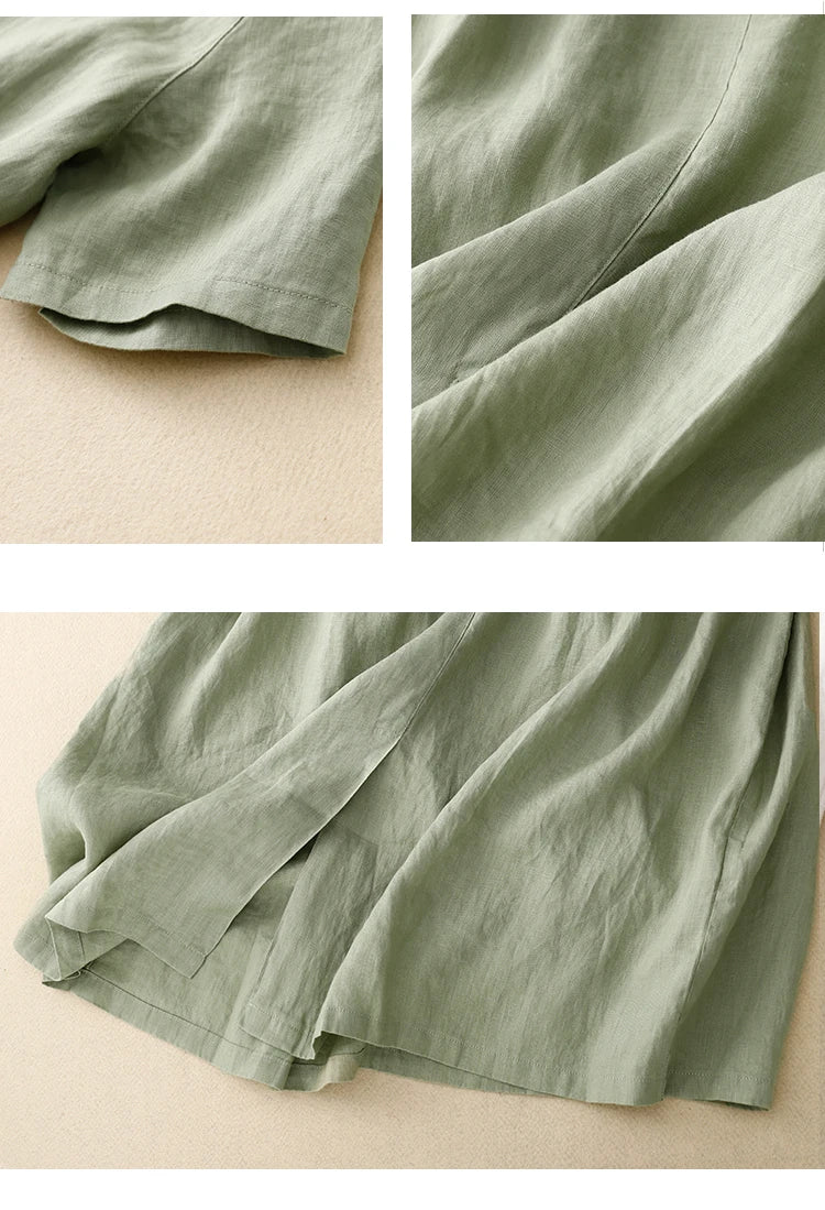 Pure Linen Shirt Dress – Women's Summer Lightweight Breathable Long Dress, Loose Plus Size with Slimming Belt
