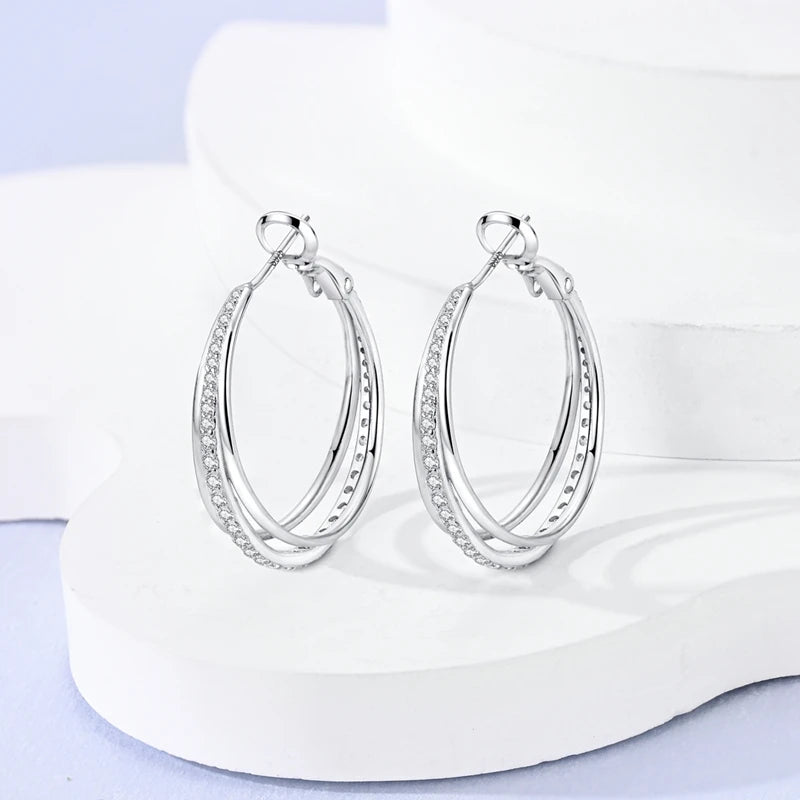 925 Sterling Silver Triple Hoop Earrings for Women – Shining Zircon Anniversary Wedding Jewelry Gift
