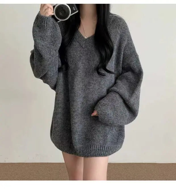 Soft Cozy Knitwear Women’s Loose Sleeve Sweater – Autumn Winter New Fashion V-Neck Long Sleeve Korean Commute Outerwear