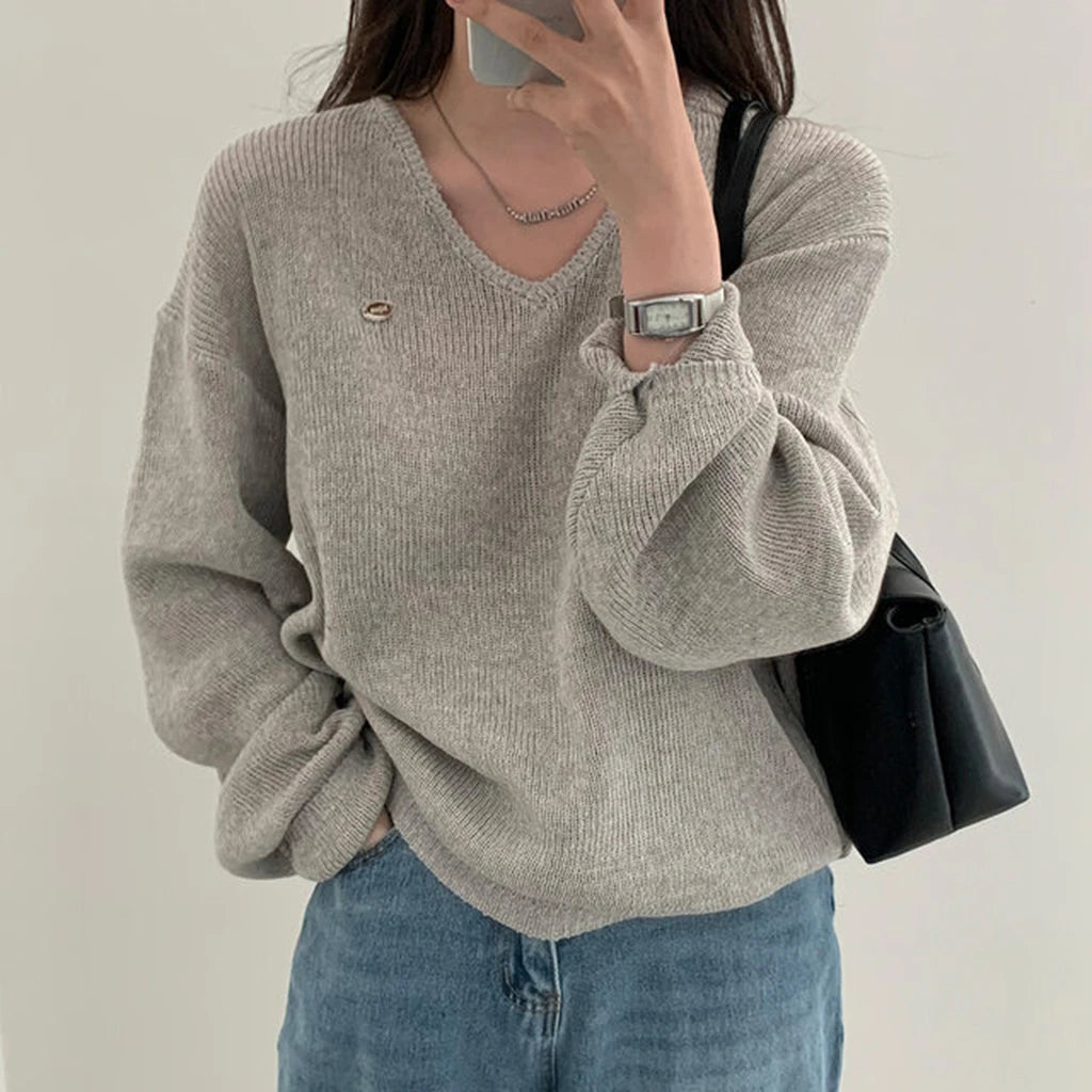 Loose Women’s Knitwear V-Neck Long Sleeve T-Shirt – Casual Comfortable Fashionable Autumn Top New Arrival