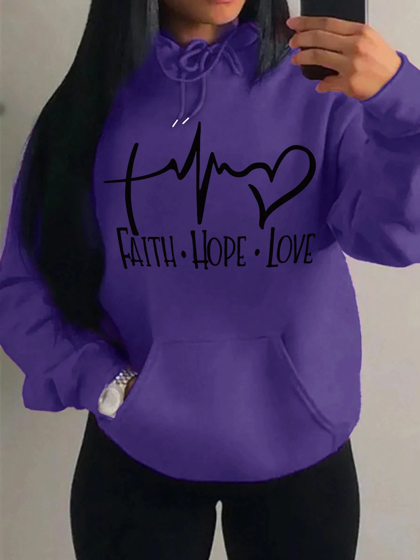 Faith Hope Love Letter Graphic Women’s Hoodie – Casual Loose Streetwear Fleece Pullover Autumn Top