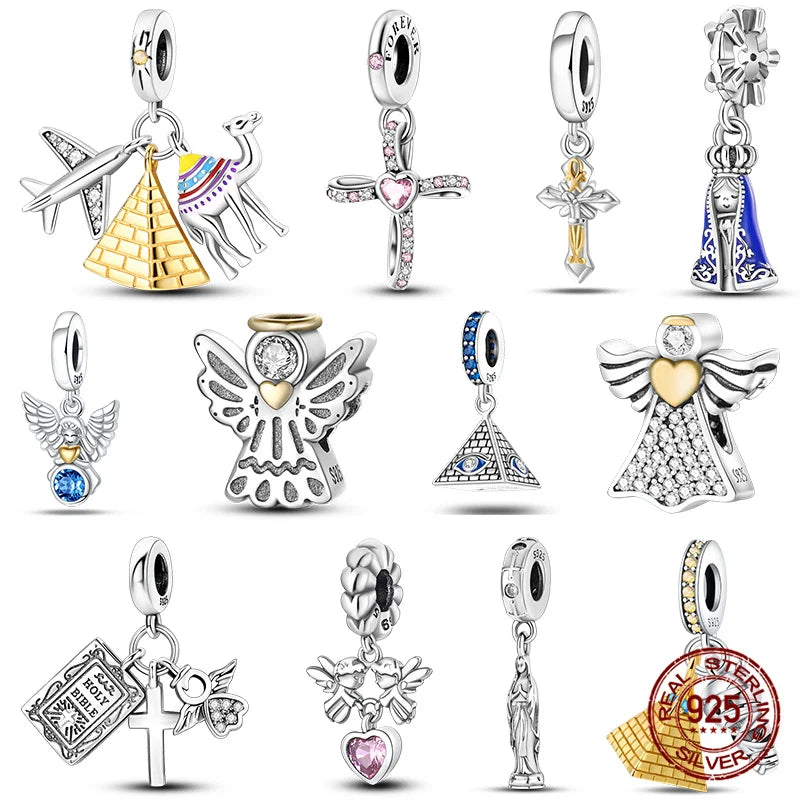 Hot Bible Cross Pink Zircon Charm – 925 Sterling Silver DIY Bracelet for Women