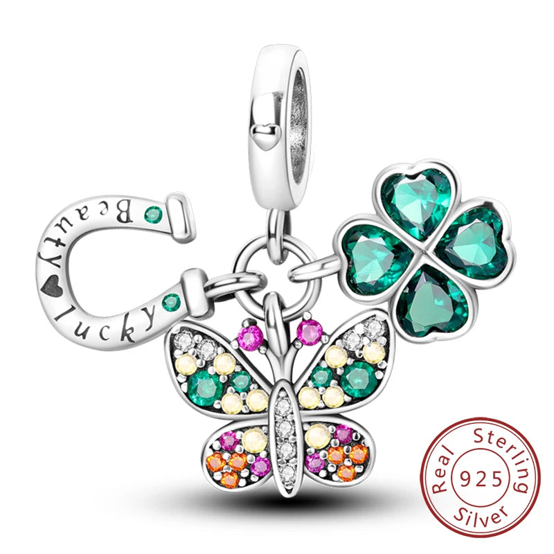 New 925 Sterling Silver Four-Leaf Clover Green Charm Bead | Lucky Pendant for Original Bracelet Jewelry Gift