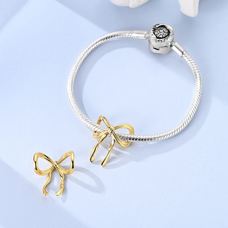 925 Sterling Silver Golden Charms Bow Cross Earth Passport Dangle | Fits Original Bracelet DIY Jewelry Gift for Women