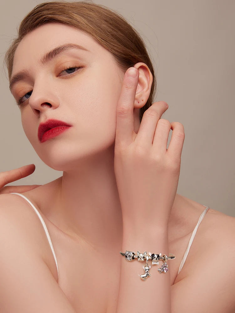 BISAER 925 Sterling Silver Dog Charm | Cute Dachshund Pet Bead Pendant for Women’s DIY Bracelet Jewelry