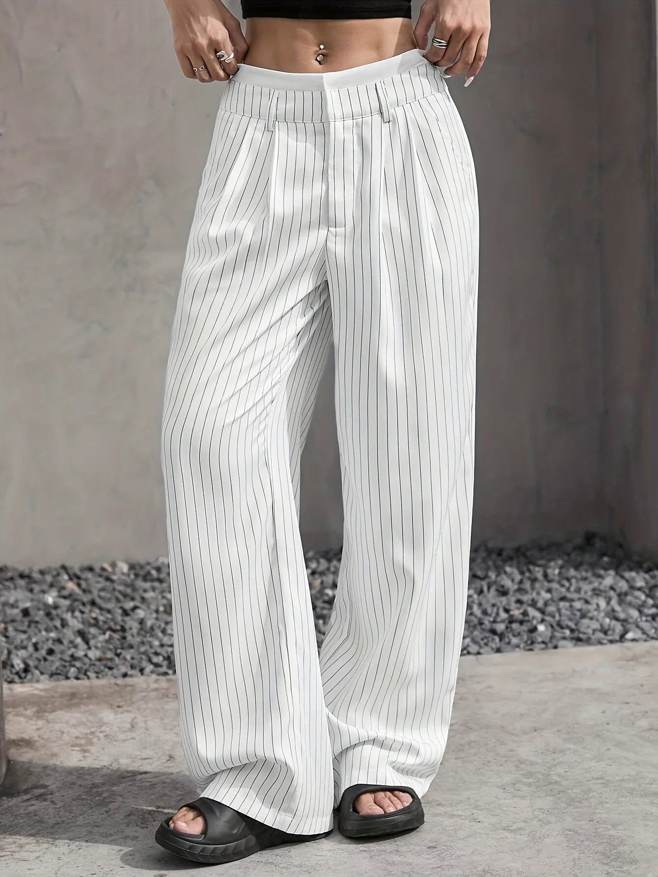 Women’s High Waist Straight Leg Pinstripe Trousers | Office & Casual Striped Dress Pants with Pockets