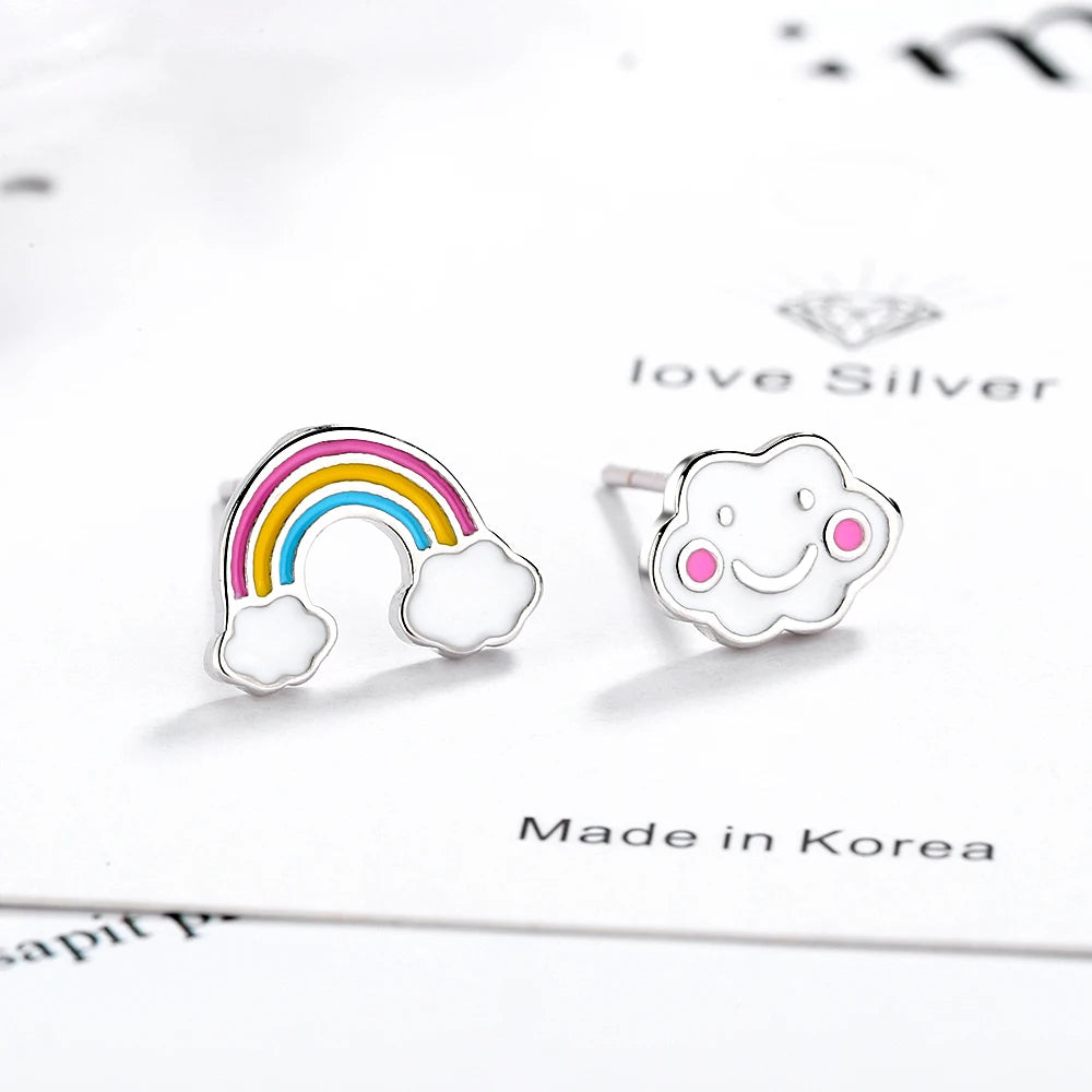 Real Pure 925 Sterling Silver Rainbow Stud Earrings for Women & Girls – Cute Korean Japanese Style