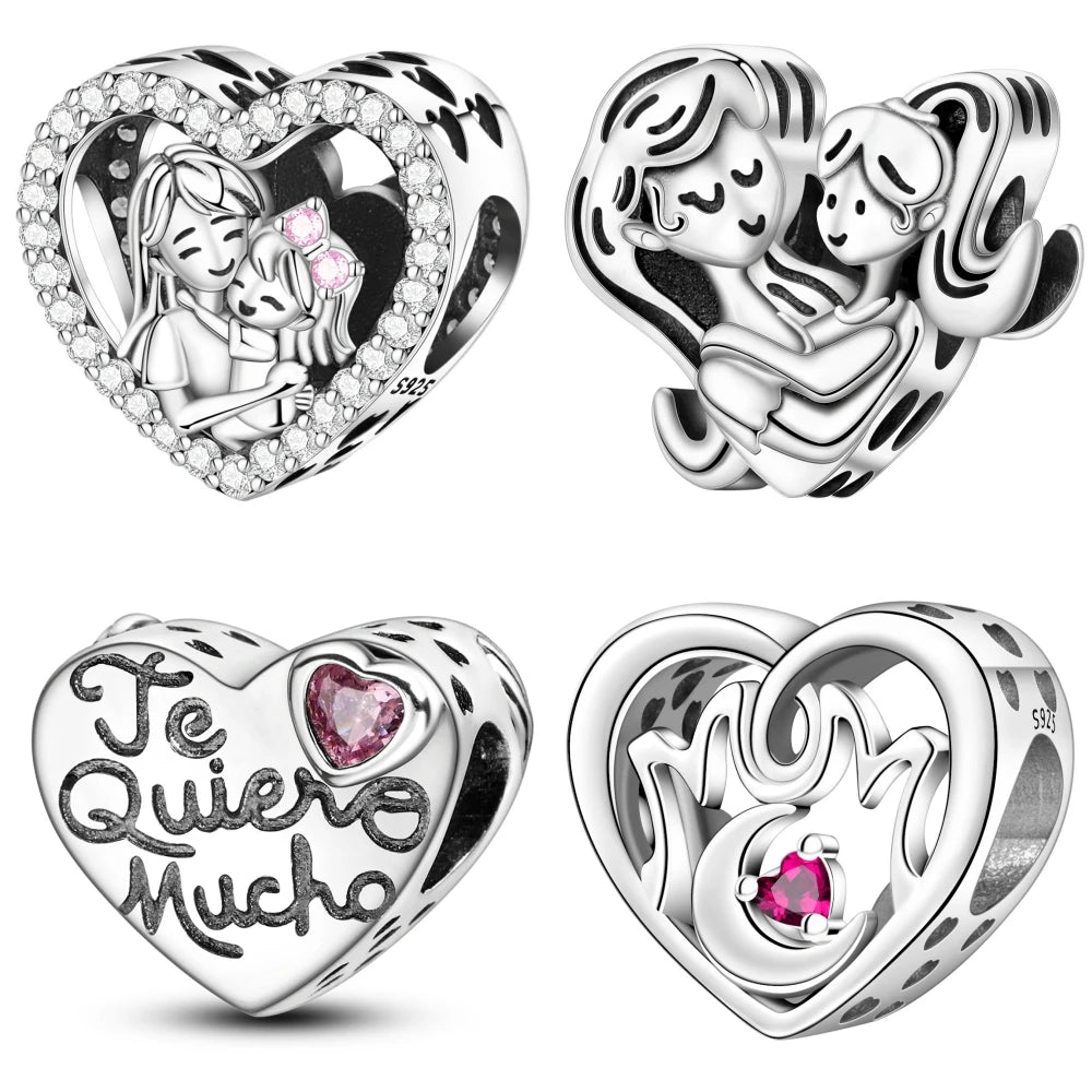925 Sterling Silver Mother Daughter Love Embrace Pendant Charm | Heart Shaped Bracelet Bead DIY Fine Jewelry Gift