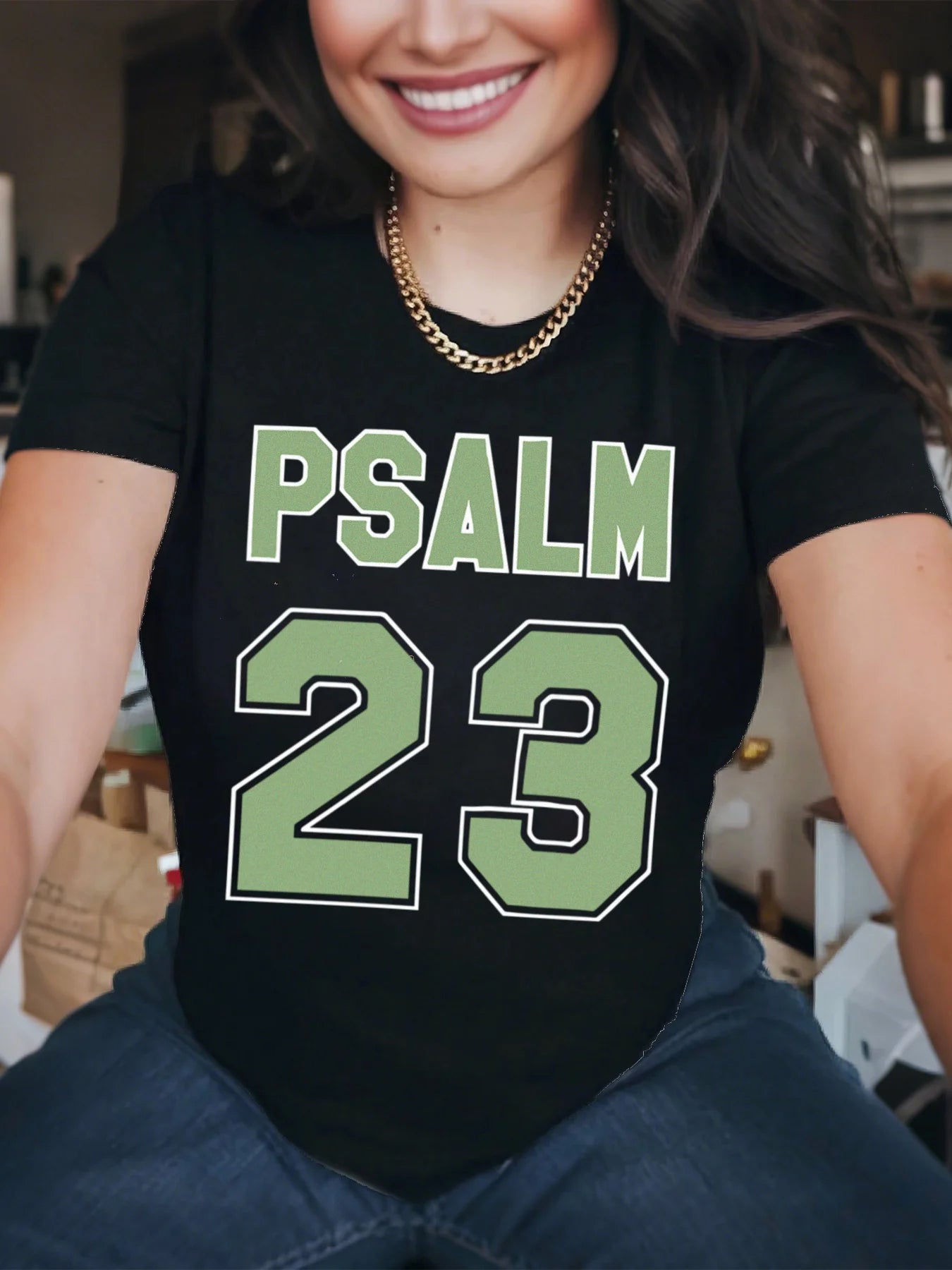 Women’s Psalm 23 Oversized Jersey T-Shirt – Casual Short Sleeve Round Neck Tee with Bold Green Lettering