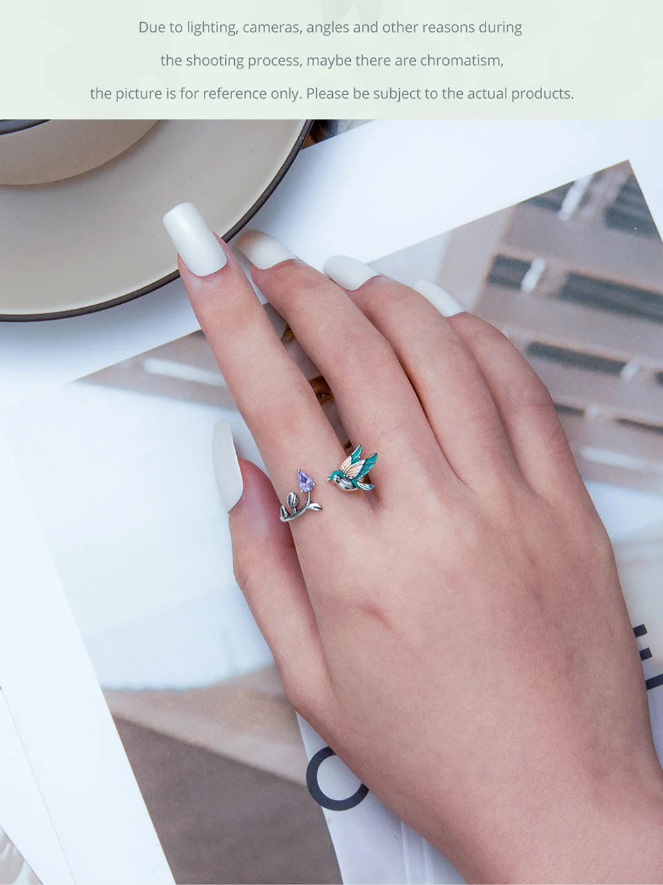 BISAER 925 Sterling Silver Floral Bird Open Ring | Adjustable White Gold Plated Flower Band for Women – Fine Party Jewelry