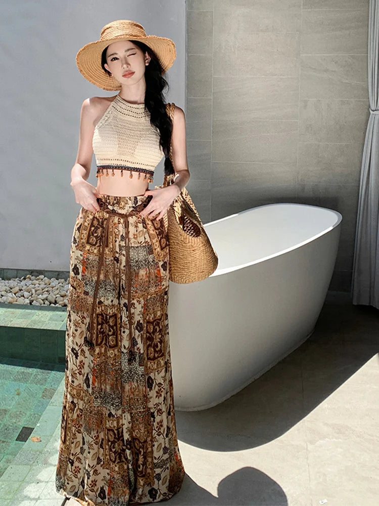 Vacation Style High Waist Wide Leg Pants – Thin Long Ethnic Print Pants for Beach & Holiday Wear