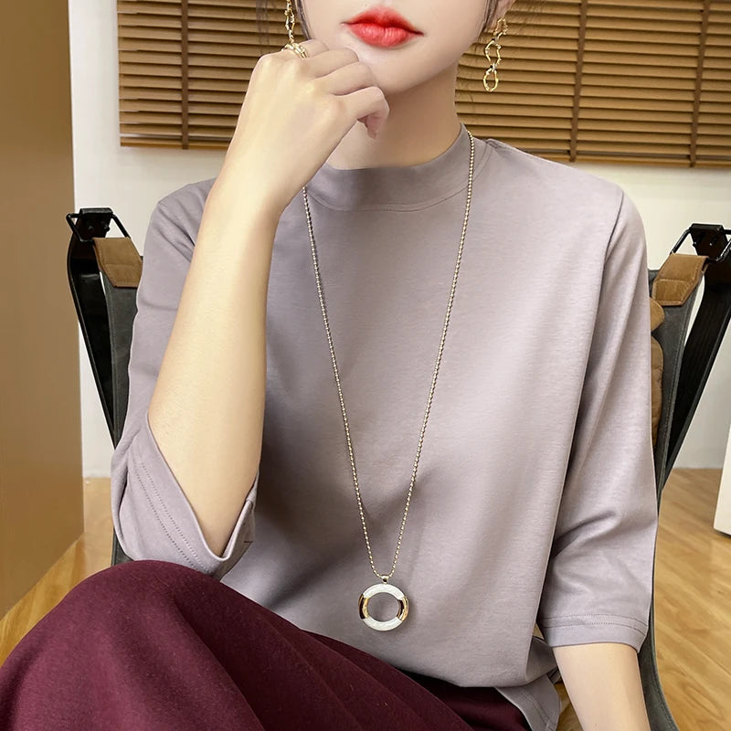 Women’s Cotton T-Shirt | Semi-High-Neck Cropped Sleeve Top | Loose Solid Color Summer & Autumn Bottoming Tee