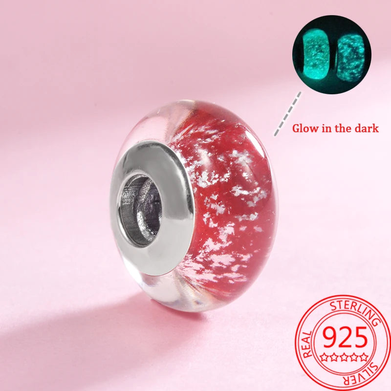 925 Sterling Silver Murano Glass Galaxy & Clover Heart Beads | Fit Pandora Bracelet DIY Jewelry Gift for Mum