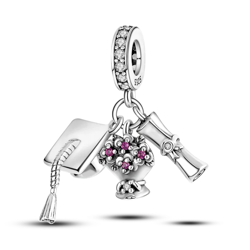 925 Sterling Silver Graduation Charms – Colored Bachelor’s Hat & Flower Beads Fit 4MM Bracelets Jewelry Gift