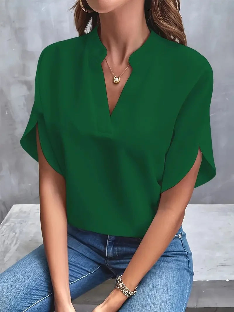 VEITCHE Summer Women Casual Solid Blouse – V-Neck Half Sleeve Office Elegant Loose Pullover Tops 🌸✨