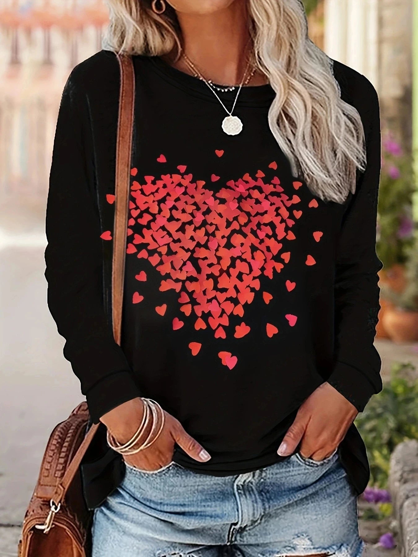 Women's Pink Love Letter Lip Print T-Shirt | Autumn Winter Long Sleeve Top | Loose Comfortable Casual Tee