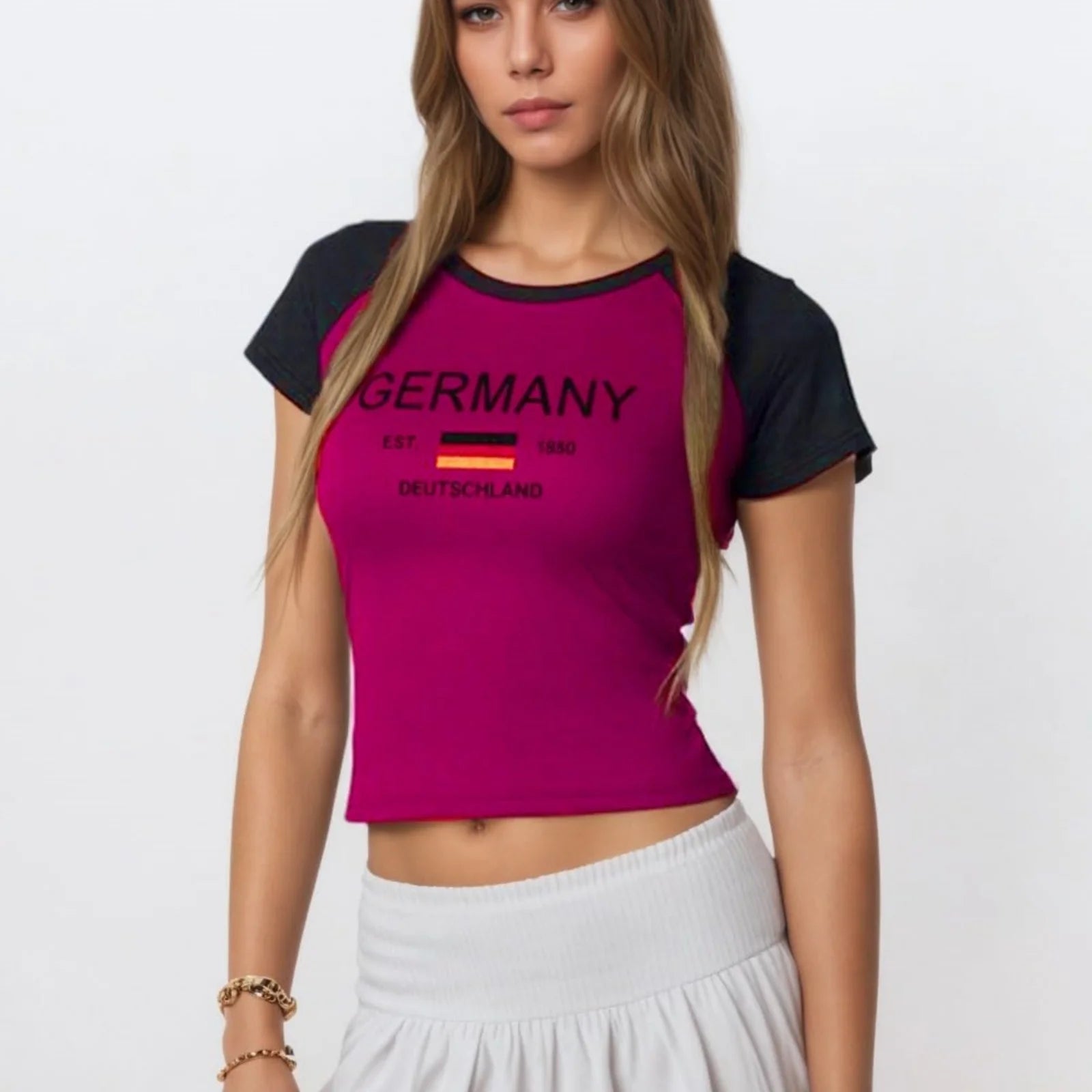 Y2K Colombia Print Punk Grunge Patchwork T-Shirt – Women’s Slim Sexy Crop Top Streetwear