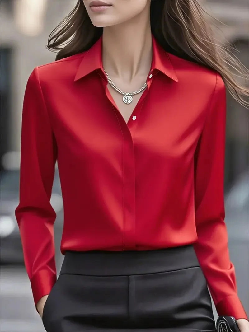 Autumn Women’s Professional Solid Color Shirt – Elegant Lapel Long Sleeve High-Class Office Top 🍁✨