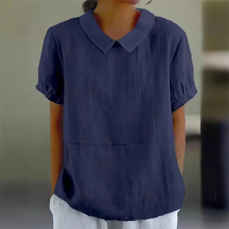 Women’s Summer Cotton Linen Lapel Pullover Shirt – Solid Color Short Sleeve Blouse 2024 👚☀️