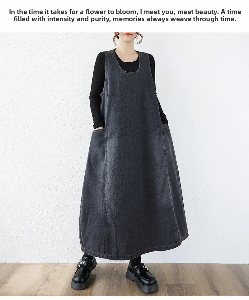 Loose Korean Style Plus Size Denim Vest Skirt – High Waist Over-Knee Slimming Cotton Jeans Corset Casual Dress for Women