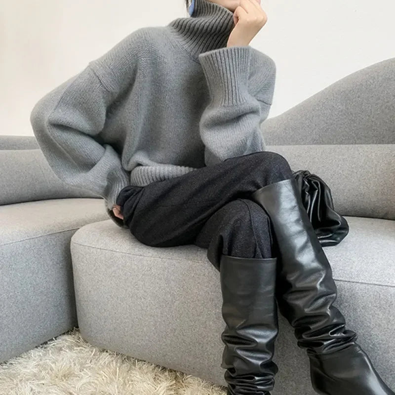 Women’s Oversize Turtleneck Sweater – Long Sleeve Knitted Pullover Autumn Winter Knitwear