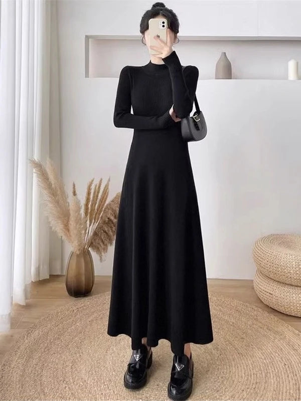 Women’s Knitted A-Line Dress – Slimming Waist Design Autumn Winter Sweater Long Dress | High-End Inner Wear