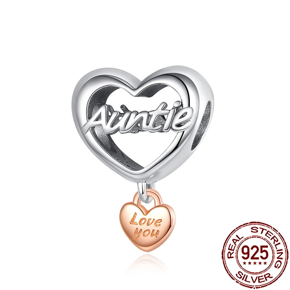 2025 New 925 Sterling Silver Family Love Heart Charm Beads | Sister, Daughter & Mother Pendant for Bracelets & DIY Jewelry