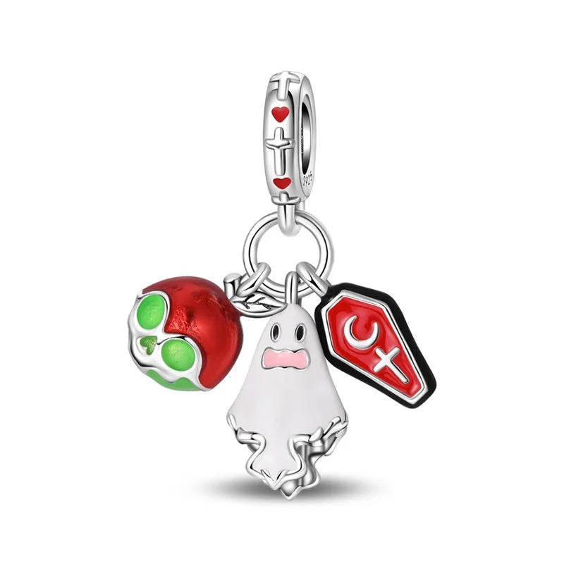 925 Sterling Silver Halloween Charms | Skull, Pumpkin, Bat, Ghost & Coffin Luminous Beads Fit Pandora Bracelet DIY Jewelry Gift