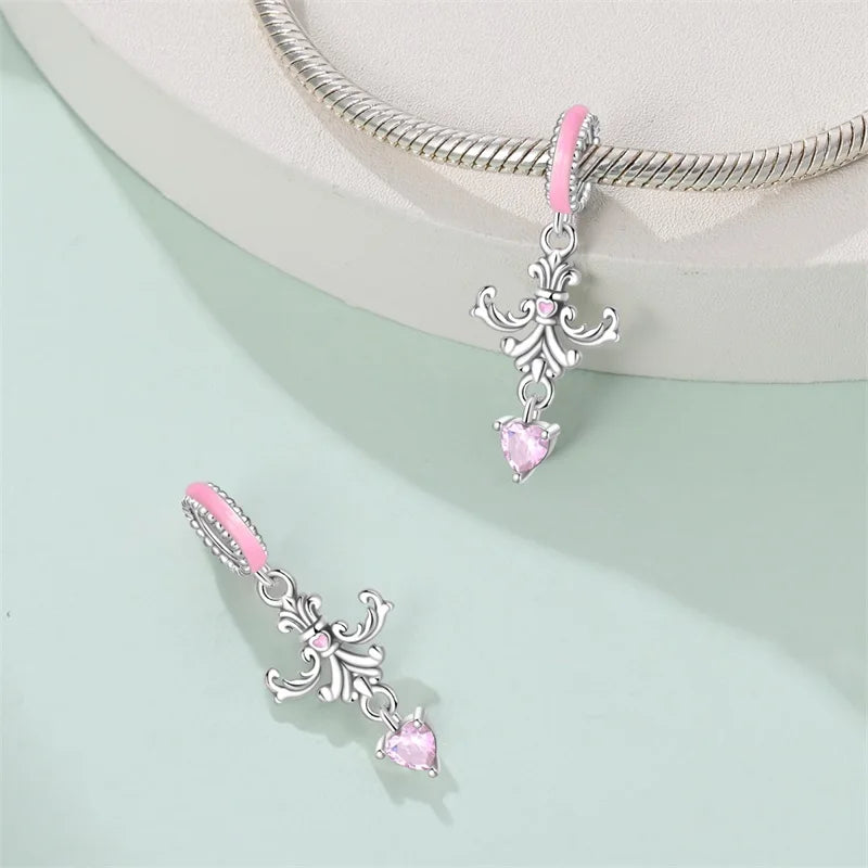 925 Silver Plated Magic Mirror Princess Angel Pink Charm Beads | Fits Original Pan 925 Bracelet | Exquisite DIY Jewelry