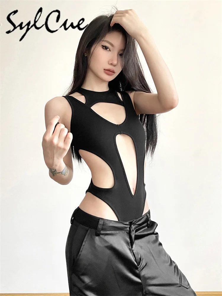 Sylcue Black Sexy Nightclub Jumpsuit – Hollow All-Match Trendy Women’s Tight Outfit 🌑✨