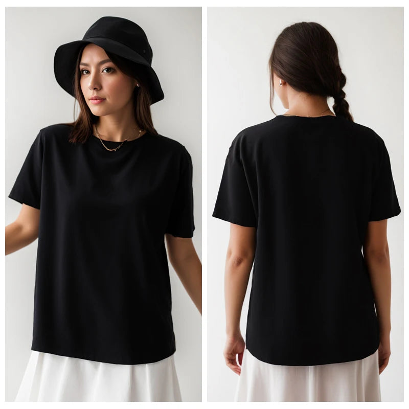 Women’s Y2K Cotton Heavyweight T-Shirt – Casual Short Sleeve O-Neck Tee Black & White