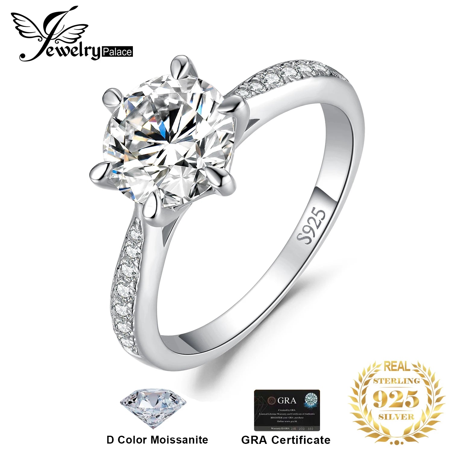 JewelryPalace Moissanite D Color Round Ring | 1–3ct S925 Sterling Silver Wedding & Engagement Ring