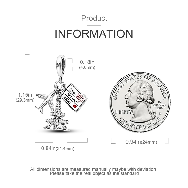 925 Sterling Silver Travel Around the World Charm Bead | Eiffel Tower & Triumphal Arch Dangle for Original Bracelet DIY Jewelry